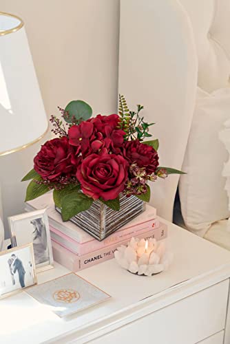 Flower Arrangement With Wooden Vase 8" Artificial Flowers In Pot - Fake Flowers Roses Peonies Hydrangeas In Wooden Vase Potted Artificial Flower Centerpieces For Table Decor Living Room - Red #TOP6