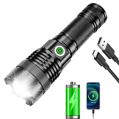 Lanterna Tática Recarregável USB-C 10000 Lúmens, Zoom Ajustável 1000m - IPX7 à Prova D'Água, Power Bank, Portátil e Potente p/Caça, Pesca, Emergências, Militar, Sobrevivência e Aventuras