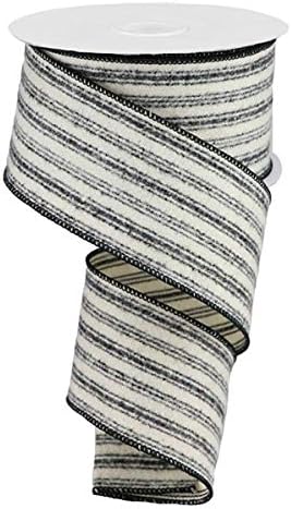 Fuzzy Ticking Stripe on Cotton Wired Edge Ribbon - 10 Yards (Black, Beige, 2.5 Inch)