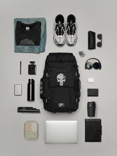 Image of The Souled Store Punisher: Utility Unisex Backpack | Durable Multi-Compartment Laptop Bag | Tactical Stealth Black Travel Rucksack for Men & Women | Water-Resistant College & Office Bag