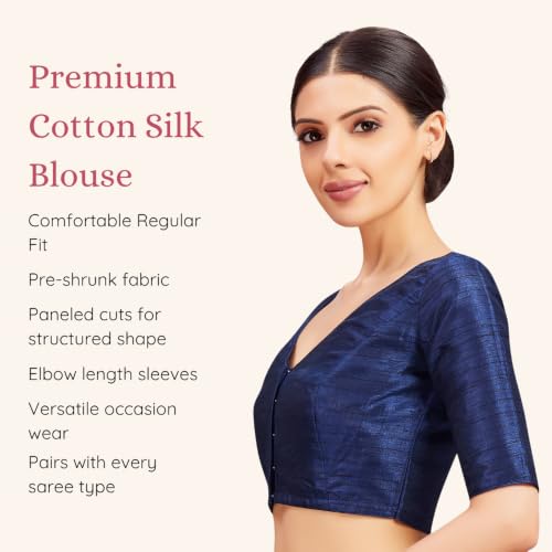 Image of Studio Shringaar Women Readymade Raw Silk V Neck Saree Half Sleeve Blouse