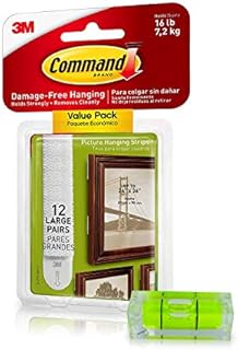 Picture Hanging Kit | Command Strips Large 12 Pairs | 3m Damage-Free Strips & Level | Hanging Small & Large Frames, Photos, Pictures, Posters on Walls/Drywalls | No Nail Damage + KangarooBands Level