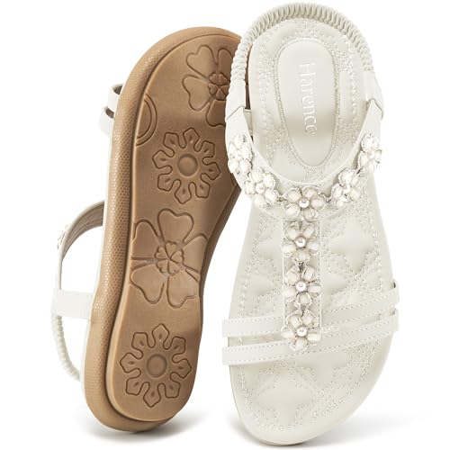 Image of HARENCE Summer Flat Sandals for Women: Comfortable Bohemian Beaded Flats Shoes Elastic Ankle Strap Casual Walking Slip On Dress Sandal