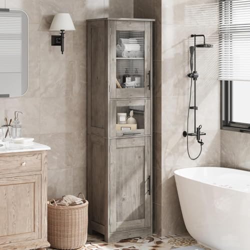 OPULENTHOME Armario de almacenamiento grande con puertas de cristal, armario alto de 170 cm con cajones y estantes, armario de baño, armario para pasillo, dormitorio, armario alto blanco gris - puerta