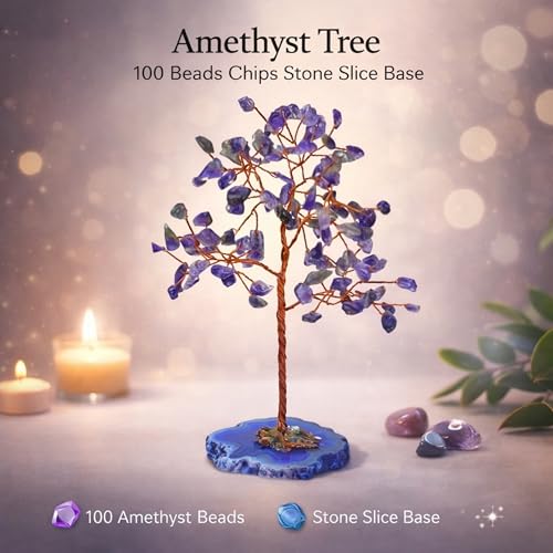Image of REMEDYWALA Charged Amethyst Crystal Tree with Agate Slice Base for Reiki Healing (100 Beads)