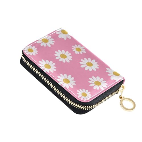 White Daisy Pink Women's Card Holder Wallet Durable PU Leather with RFID Blocking Full-Zip Security 11 Slots in Mini Size, Ideal for Purse Travel or Daily Organization