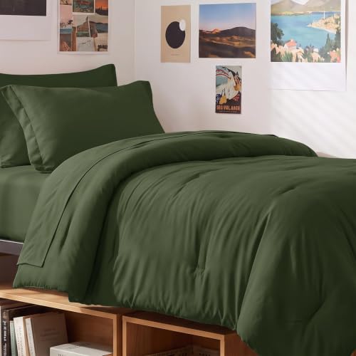CozyLux Twin Comforter Set Olive Green, 5 Pieces Bed in a Bag