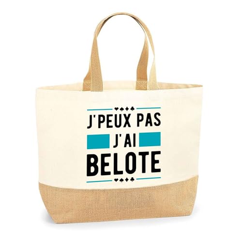 Otshirt Sac Jute J'peux pas j'ai Belote | Cabas de Plage Courses Coton et Toile de Jute | Idée Cadeau Belote Humour Cartes Jeu Drôle Original Atout