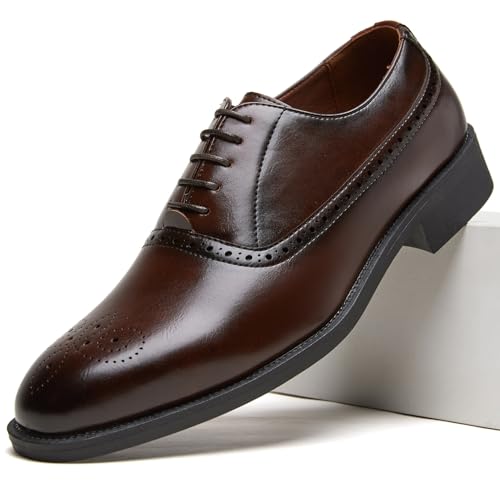 Mens Wingtip Brogue Dress Shoes - Leather Formal Oxfords for Business Wedding & Office (BROWN Adult 43 Numeric EU Footwear Size System Medium)