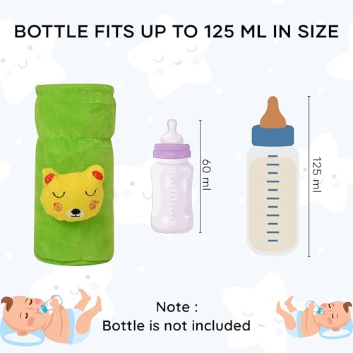 Image of Soft Plush Stretchable Baby Feeding Bottle Cover Easy to Hold Strap with Cute Animated Cartoon| Suitable for 60-125 Ml Feeding Bottle (Green-Yellow)