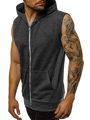 Débardeur à capuche sans manches avec fermeture éclair pour homme - Pour le bodybuilding, la gym, la course à pied - Avec poches, gris foncé, XXL Cover