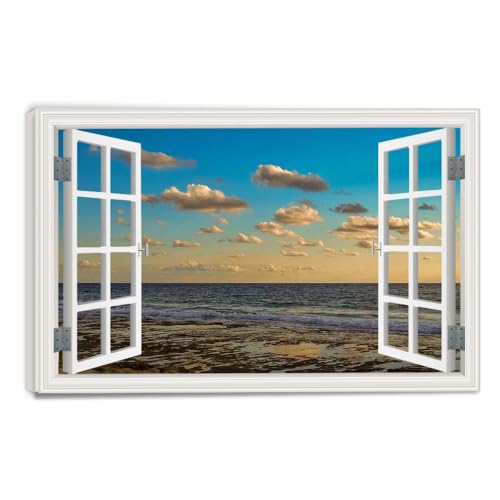 Tableau toile fenêtre trompe-l'œil paysage 40x60cm VHdfgTY Horizon jaune