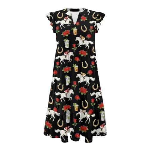 Image of Womens Summer Dress Ruffle Sleeve V Neck Dress Casual Fit Flowy Beach Vacation Sundress with Pocket S-2XL