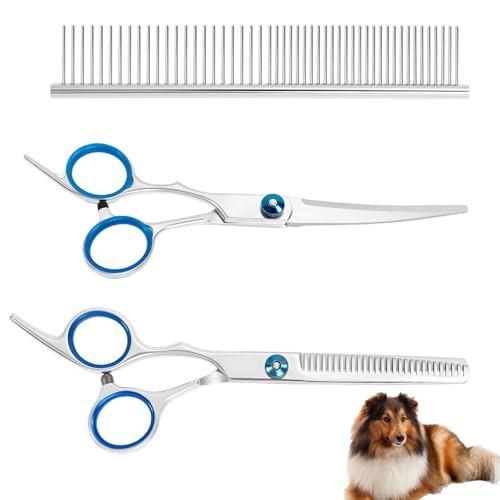 Dreiteiliges Hundescheren-Set, Hundepflege Schere Mit Gebogenen Kopf,Geeignet Für Hunde, Katzen Und Andere Haustiere, Beinhaltet Trimmschere, Ausdünnschere Und Einen Pflegekamm (Blau, 3-In-1)