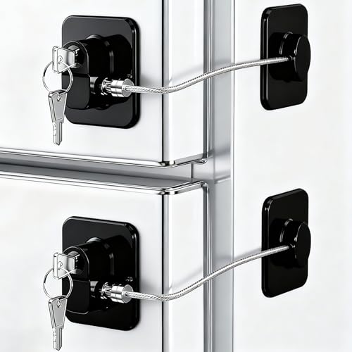 2 Stück Kühlschrankschloss, Kindersicherung Kinder Ohne Bohren, Selbstklebend Fenster Kinder, Mit Schlüssel für Schubladen, Kühlschränke, Waschmaschinen, Schrankschloss (Schwarz)