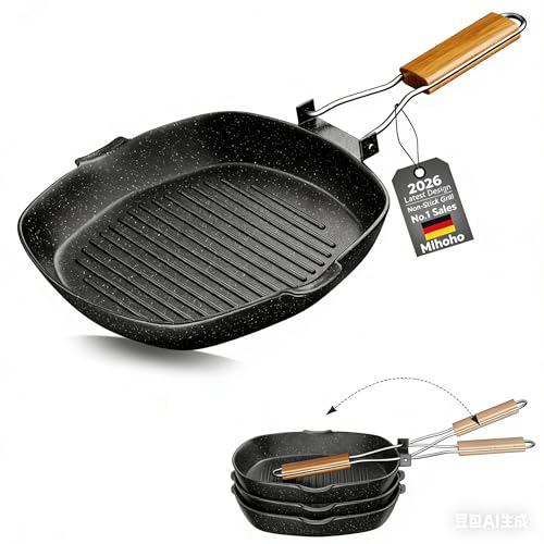 Mihoho Grillpfanne Induktion gerillt 24 x 24 cm steinbeschichtet Antihaft-Pfanne Feuerpfanne Pfanne Induktion und backofengeeignet Steak Eckige (24 cm)