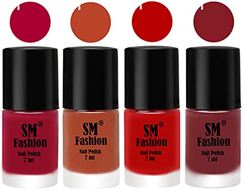 Image of Nail Polish Combo Set (Pack of 4) Quick Dry Gel Finish Nail Paint | Dark Magenta,Light Coral,Red,Plum | 7 ml Each