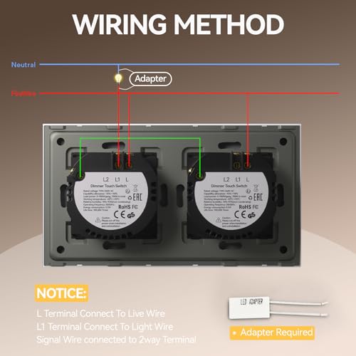 BSEED Doppelt DimmSchalter f&uuml;r LED-Lampen, Touch Lichtschalter aus Glas, Non-wifi Schalter 240V f&uuml;r eine perfekte Listimmungsvolle, 1 Fach 2 Wege Wei&szlig;