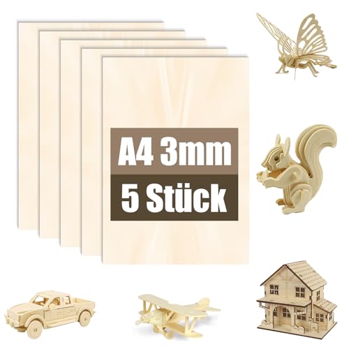 5 planchas de madera contrachapada de tallo A4 3 mm | Madera de tilo para modelismo, corte láser, grabado, tablas de madera para ocio creativo y proyectos DIY (5,A4 (297 x 210 x 3 mm)