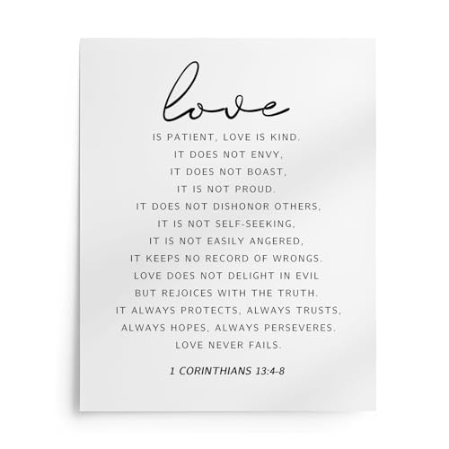 ZLKAPT 1 Corinthians 13 Love is Patient Love is Kind Love Quotes Wall Art Decor Christian Couple Bible Verse Bedroom Signs, Love Never Fails Sign 8 x 10 Inches Unframed