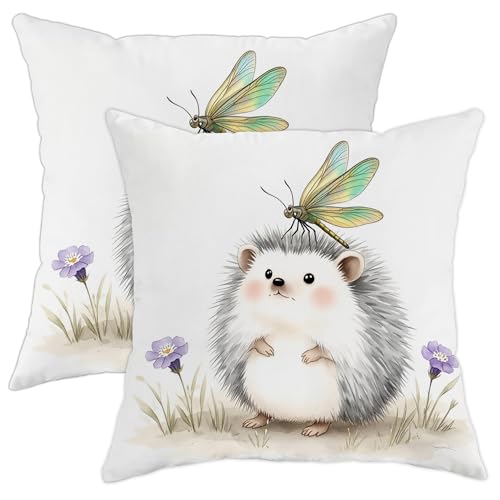 Hedgehog Throw Pillow Covers Set of 2, Fanciful Playful Dragonfly Flower Spring Pastel with Hidden Zipper Cushion Covers Pillow for Home Bedroom Living Room Sofa Couch Decor 18x18 Inch