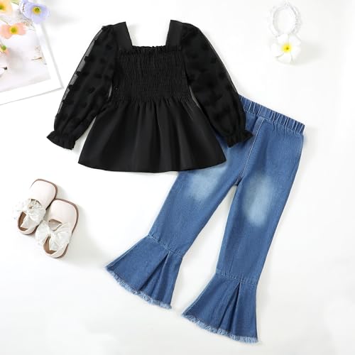Image of Kucnuzki Toddler Kids Girl Clothes Long Sleeve Shirt Tops Baggy Jeans Cute Pants Set Baby Girl Outfit 2 Piece Clothing
