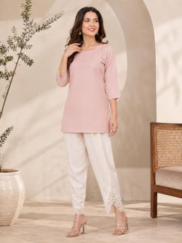 Image of Leriya Fashion Trousers for Women | Cotton Ethnic Palazzo Pants with Lace Embroidery | Elastic Waist Wide Leg Casual Women Trousers | Comfortable Summer Woman Trouser Pants