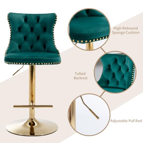 MZDOO Green Bar Stools Set of 2, Adjustable Upholstered Counter Height Barstools with Back and Gold Footrest, Modern Velvet Swivel Barstools for Kitchen Counter, Green