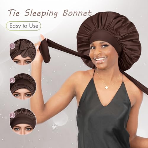 Image of BONNET QUEEN XL Large Silk Bonnet for Sleeping for Women Big Satin Bonnet Night Cap for Curly Hai rwith Tie Band, Single Layer, Large, Chocolate
