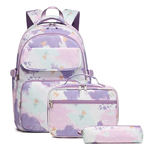 Schulrucksack Mädchen Teenager Damen Schultasche Set Leichter Rucksack für Mädchen Jungen Schule Freizeit mit Lunchpaket Tasche und Mäppchen (Lila)