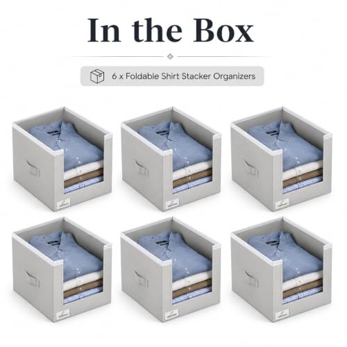 Image of VERVENIX Shirt Stacker Set of 6, Non Woven Foldable Clothes Storage Organizer with Handle, Wardrobe Closet Organizer, Space Saving Cloth Organizer for T-Shirts, Shirts, Jeans, Grey