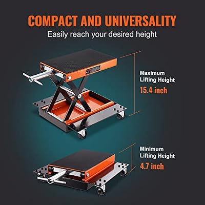 VEVOR Motorcycle Lift, 1100 LBS Motorcycle Lift ATV Scissor Lift Jack with Dolly & Hand Crank, Center Hoist Crank Stand with Wide Deck & Tool Tray for Street Bikes, Cruiser Bikes, Touring Motorcycles