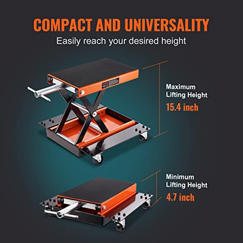 VEVOR Motorcycle Lift, 1100 LBS Motorcycle Lift ATV Scissor Lift Jack with Dolly & Hand Crank, Center Hoist Crank Stand with Wide Deck & Tool Tray for Street Bikes, Cruiser Bikes, Touring Motorcycles by VEVOR - Image 6