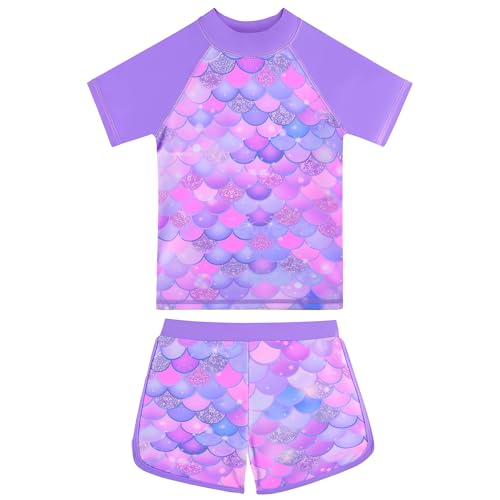 Image of BAOHULU Girls Rash Guard Swimsuit Two Piece Bathing Suit UPF 50+ Short Sleeve Summer Beach Swimwear Size 3-14 Years