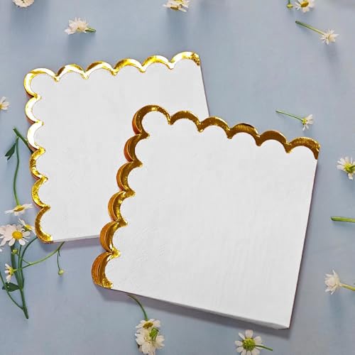 100 pack White Cocktail Napkins with Gold Foil Accents Scalloped Edges 5 x 5 inch Beverage Disposable Napkin Party Decoration Wedding Bridal and Baby Shower Dinner Lunch Supplies by Leapig - Used condition - Image 4