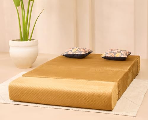 Image of uberlyfe Xtra High, Xtra Soft 2 Seater (4' x 6') Sofa Cum Bed| 1 Year Warranty |17 inch Sofa Height |Twin Size Foldable Bed |Plush Laser Quilted Fabric |2 Cushions Fall Leaf Pattern | Molten Caramel Color