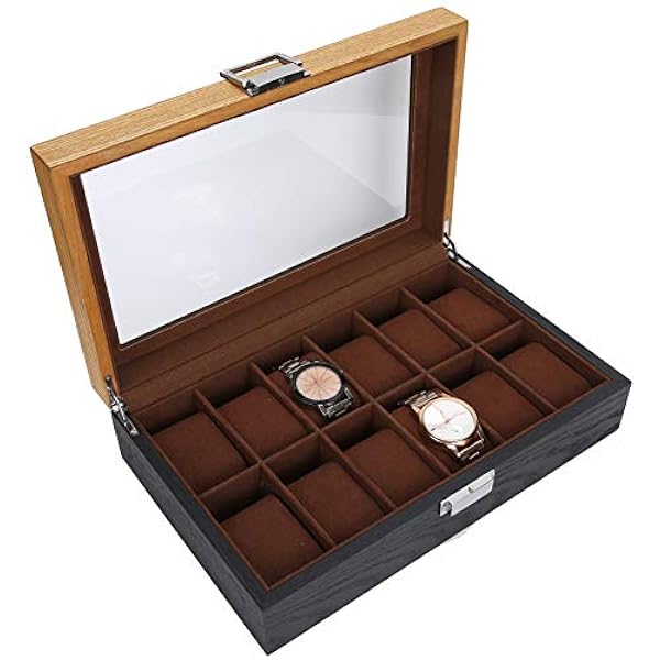 12-slots horloge display box organizer, 2-kleurig massief hout klassieke vintage horloges opslag collectie koffer sieraden armband showdozen met glazen deksel en horloge zacht kussen
