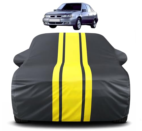 Image of Auto Hub Car Cover Compatible with Daewoo Cielo with Mirror Pocket, Soft Cotton Lining, Cielo Car Cover Waterproof - Yellow-Black