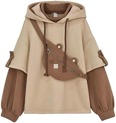 Harajuku Aesthetic Bear Anime Hoodie Women Kawaii Crewneck Long Sleeve Oversized Streetwear Fall Winter Clothes Tops (Color : Beige, Size : L)