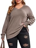 Women Plus Size Sweaters Knit Long Sleeve V Neck Sweaters Tops Casual Soft Loose Fit Pullover Sweater (Khaki...