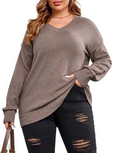 Women Plus Size Sweaters Knit Long Sleeve V Neck Sweaters Tops Casual Soft Loose Fit Pullover Sweater (Khaki, 1XL)