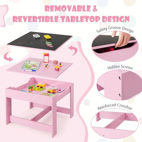 LDAILY-Kids-Table-and-Chairs-3-in-1-Activity-Table-with-Storage-Drawer-Writable-Blackboard-Detachable-Tabletop-Wooden-Toddler-Table-and-Chair-Set-for-Drawing-Reading-Writing-Playroom-Pink LDAILY Kids Table and Chairs 3 in 1 Activity Table with Storage Drawer Writable Blackboard Detachable Tabletop Wooden Toddler Table and Chair Set for Drawing Reading Writing Playroom Pink