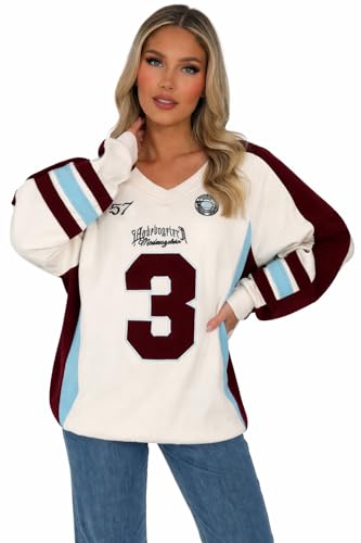 Image of RAIS Oversized No. 3 Sports Athletic Slogan V-Neck Sweatshirt (UK, Alpha, XS, S, Regular, Regular, Cream)