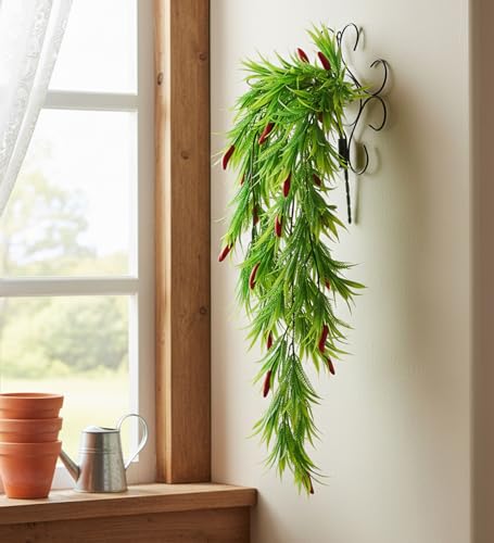 Image of Foliyaj Artificial Red Chilli Vine with Metal Wall Stand | Show Pieces for Living Room | Faux Plants for Home Decor | Decorative Creeper Vine for Home and Office Decoration | 70 cm Length