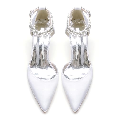 Closed Toe Pearl Kitten Heels Wedding Shoes for Bride Low Heels Ankle Strap Bridal Shoes Satin Shoes Pumps3
