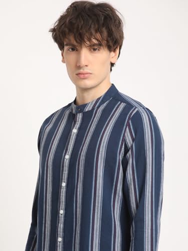 Image of Mena€s Blue Striped with Mandarin Collar Slim Fit Casual Shirt