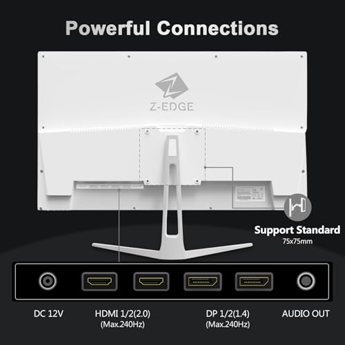 Z-Edge Wit Gaming PC-scherm 24'' 240 Hz, IPS, 1ms, FreeSync, FHD(1920x1080), Witte Gamingmonitor 16:9, Verstelbare helling, 2× HDMI2.0 & 2× DP1.4, 350cd/m², HDR10, VESA 75 * 75mm (DP-kabel inbegrepen) - Afbeelding 6