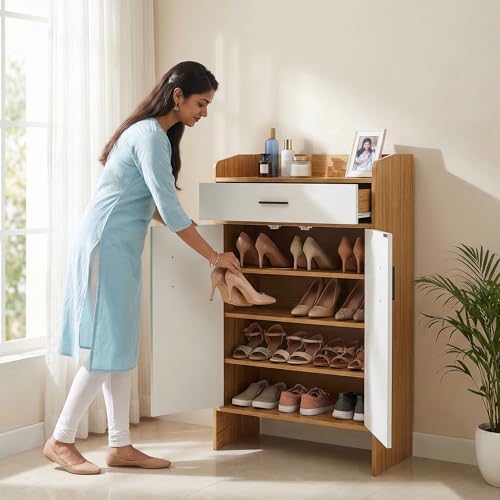 Image of Decor & More 2 Door Shoe Rack Wooden with Shelf and Drawer, Shoes Rack with Door for Home, Shoe Organizer Space Saver, Shoe Cabinet Stores 15-16 Pairs, Footwear Stand,DIY