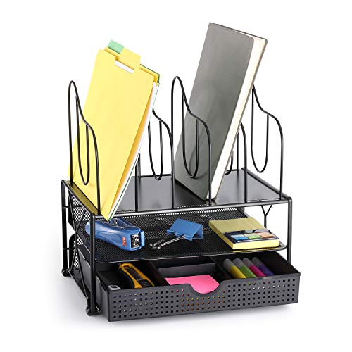 CAXXA Desktop Organizer with Two Trays, Drawer and 5 Upright Sections File Folder Binder Letter Magazine Sorter, Black
