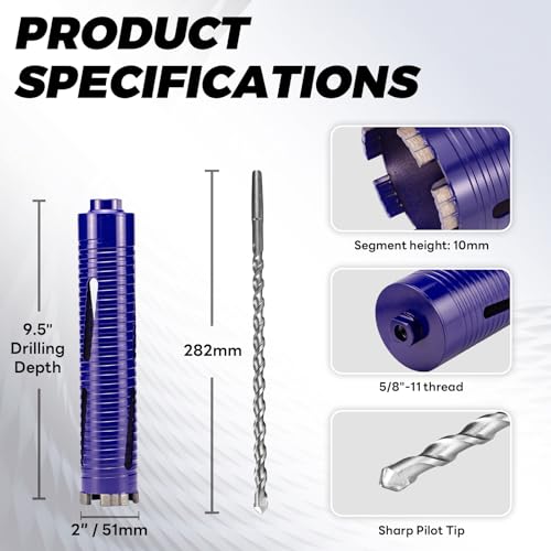 Image of 2 inch Core Drill Bit with Pilot Bit & Adapters(SDS Plus and 1 /2 inch Hex), 5 /8 inch-11 Thread, 9.5 inch Depth, Upgraded-Welded Segments Diamond Core Bits for Concrete, Masonry, Brick Block